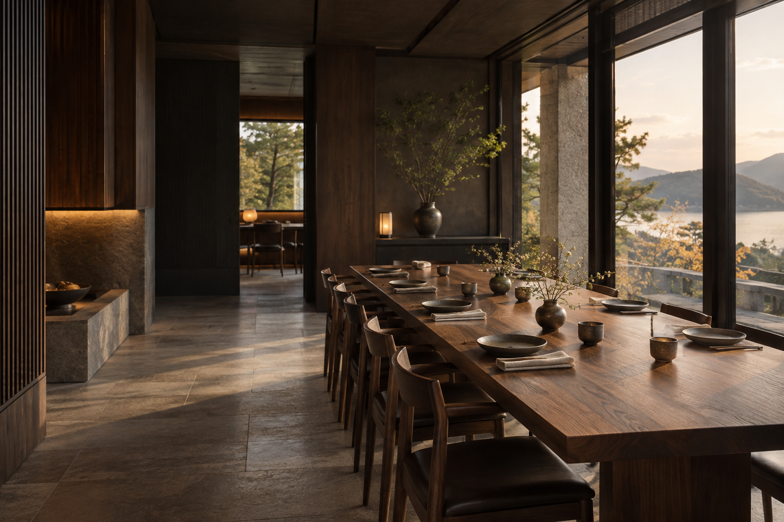 Sunlit contemporary restaurant with walnut tables and carefully set places